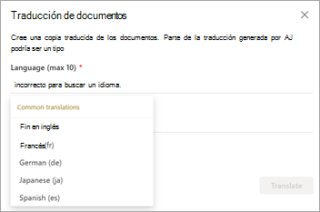 Captura de pantalla que muestra la pantalla Traducir documentos con opciones de idioma.