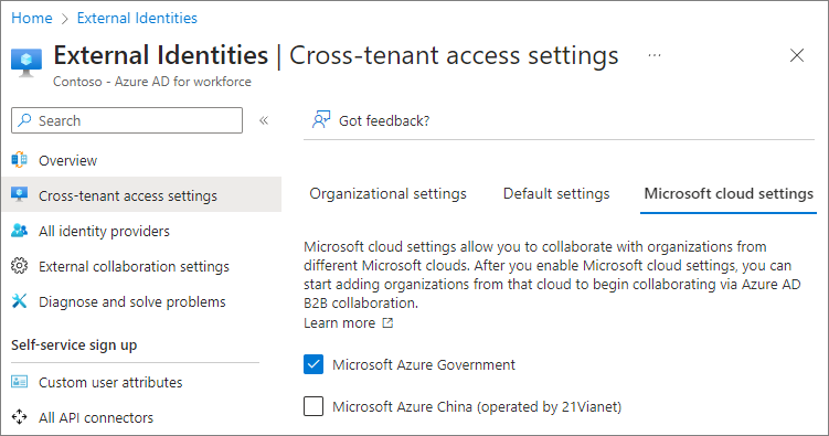 Captura de pantalla que muestra la configuración de la nube de Microsoft.