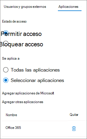 Captura de pantalla de una aplicación permitida en la configuración de acceso entre inquilinos de entrada para una organización externa.