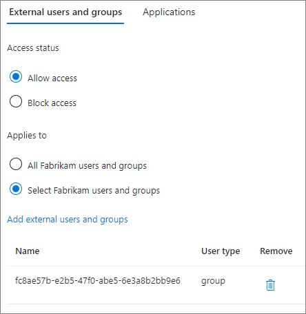Captura de pantalla de un grupo permitido en la configuración de acceso entre inquilinos de entrada para una organización externa.
