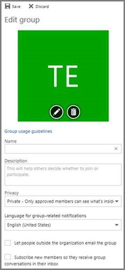 Haga clic en Directrices de uso de grupos para ver las directrices de grupos Office 365 las organizaciones.