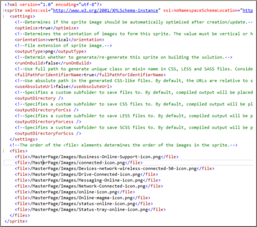 Captura de pantalla del archivo XML de sprite.