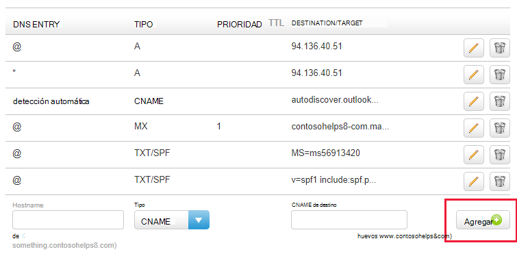 Captura de pantalla de donde seleccione Agregar para agregar registros CNAME para Skype Empresarial.