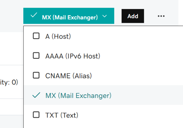 Menú desplegable que muestra el registro MX seleccionado.