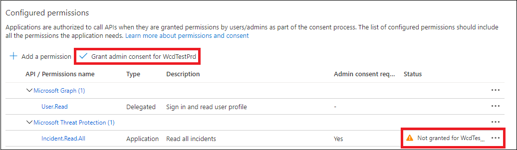 La sección Conceder consentimiento del administrador en el portal de Microsoft 365 Defender
