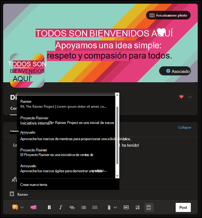 Captura de pantalla que muestra el selector de temas al redactar una publicación de Viva Engage.