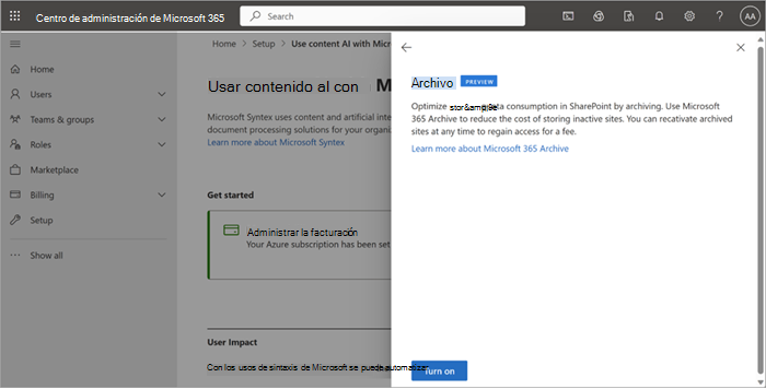 Captura de pantalla de la página Archivo de Microsoft 365 en el Centro de administración que muestra cómo activar Archivo.