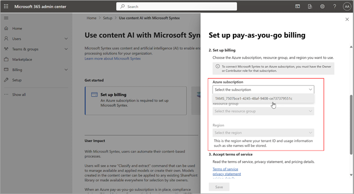 Captura de pantalla del panel configurar la facturación de pago por uso que muestra la lista desplegable suscripción de Azure.