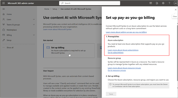 Captura de pantalla del panel Configurar facturación de pago por uso en el Centro de administración de Microsoft 365.