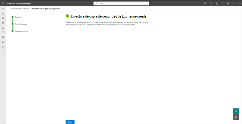 Captura de pantalla de la página creada de la directiva de copia de seguridad de Exchange.