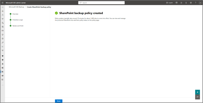 Captura de pantalla de la página creada de la directiva de copia de seguridad de SharePoint.