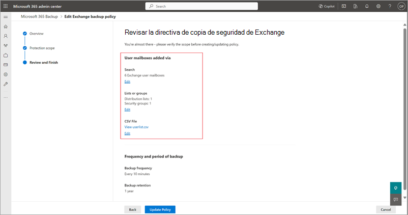 Captura de pantalla de la página Revisar la directiva de copia de seguridad de Exchange.