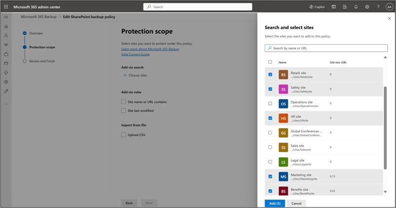 Captura de pantalla del panel Buscar y seleccionar sitios en la página Ámbito de protección para SharePoint.