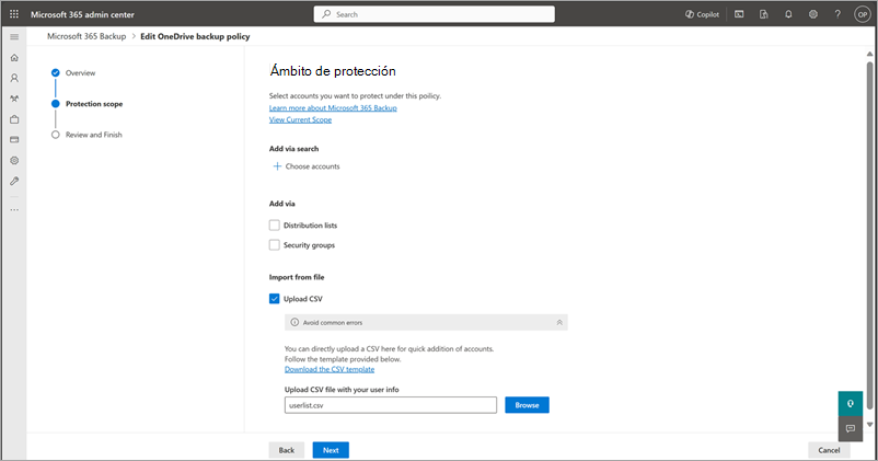 Captura de pantalla de la sección Importar desde un archivo en la página Ámbito de protección de OneDrive.