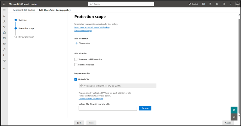 Captura de pantalla de la sección Importar desde el archivo en la página Ámbito de protección para SharePoint.