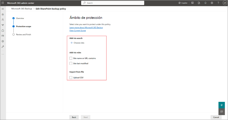 Captura de pantalla de la página Ámbito de protección para SharePoint con las opciones resaltadas.