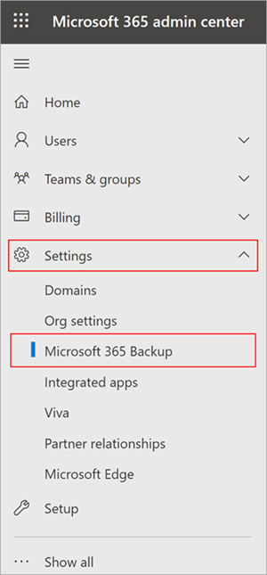 Captura de pantalla del panel de Centro de administración de Microsoft 365 que muestra Configuración y Copia de seguridad Microsoft 365.