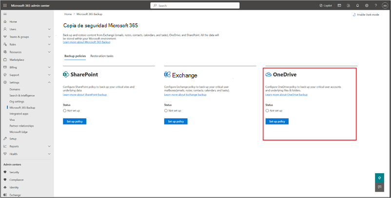 Captura de pantalla de la página Copia de seguridad de Microsoft 365 con OneDrive resaltado.