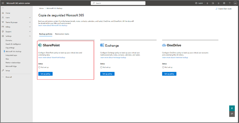Captura de pantalla de la página Copia de seguridad de Microsoft 365 con SharePoint resaltado.