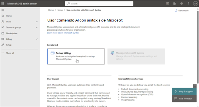 Captura de pantalla de la opción Configurar facturación en el Centro de administración de Microsoft 365.