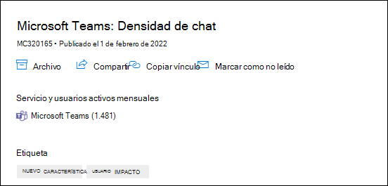 Captura de pantalla: Muestra la página densidad del chat de Microsoft Teams en la publicación del centro de mensajes con datos de usuario activos mensuales