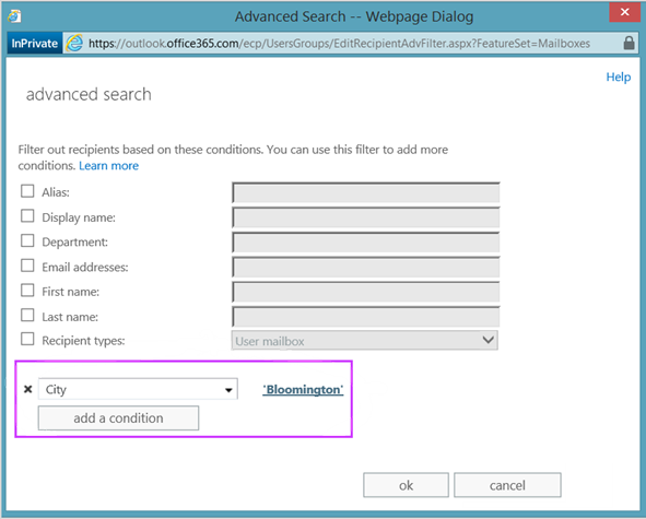 Ejemplo de realizar una búsqueda avanzada en el Centro de administración de Microsoft 365 de la lista de buzones de correo para todos los usuarios que viven en la ciudad de Bloomington.