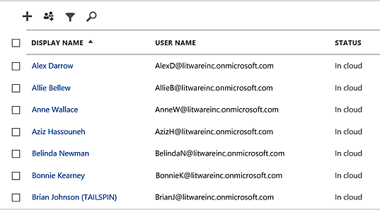 Ejemplo de la visualización de usuarios y grupos en el Centro de administración de Microsoft 365.