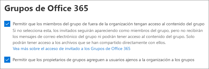 Captura de pantalla de Grupos de Microsoft 365 configuración de invitado en Centro de administración de Microsoft 365.