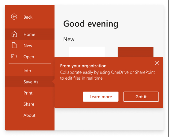 Notificación dentro del producto que le recomienda guardar en OneDrive