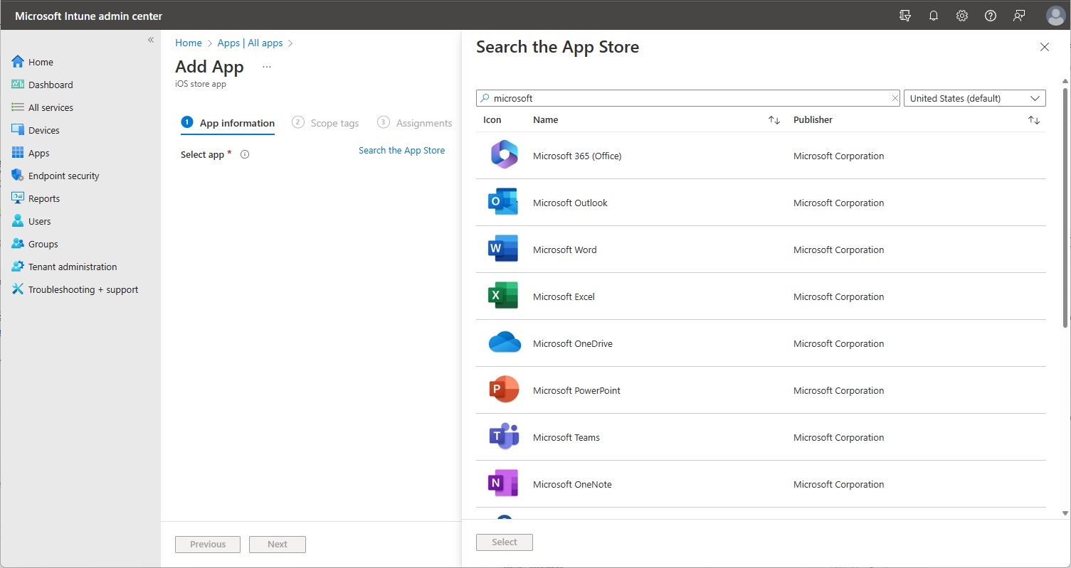 Aplicaciones de la tienda iOS en Microsoft Intune.