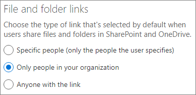 Captura de pantalla de la configuración del tipo de vínculo predeterminado de SharePoint.
