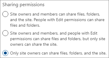 Captura de pantalla de la configuración de permisos de uso compartido en un sitio de SharePoint configurado como Solo propietarios.