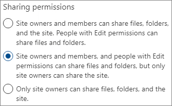 Captura de pantalla de la configuración de permisos de uso compartido en un sitio de SharePoint.