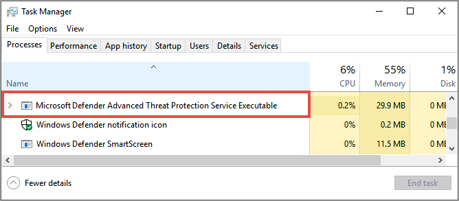 Vista de proceso con Microsoft Defender para punto de conexión Service en ejecución
