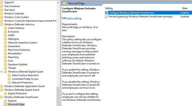 Captura de pantalla que muestra la configuración de Edge de pantalla inteligente de Windows Defender.