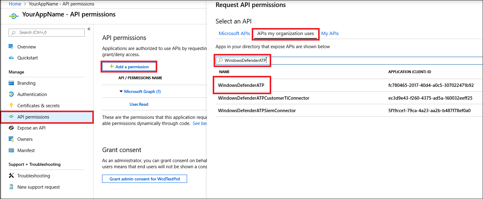 La opción Permisos de API en el panel Administrar del Centro de administración Microsoft Entra