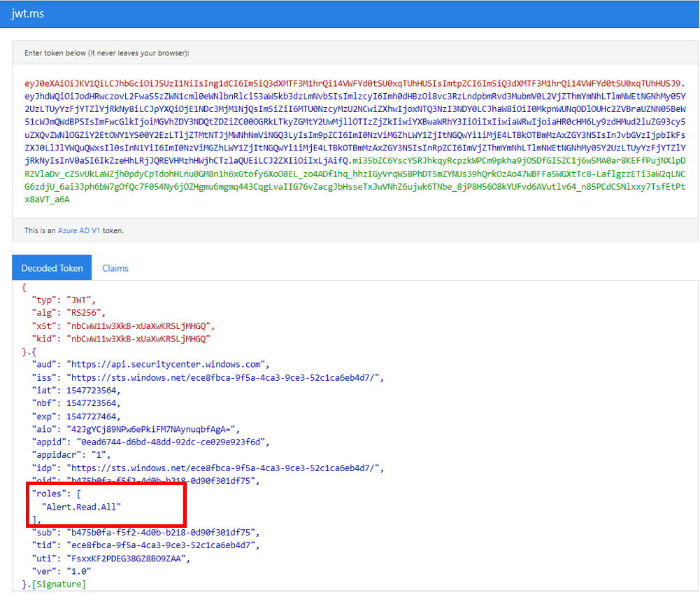 Panel Token descodificado para jwt.ms