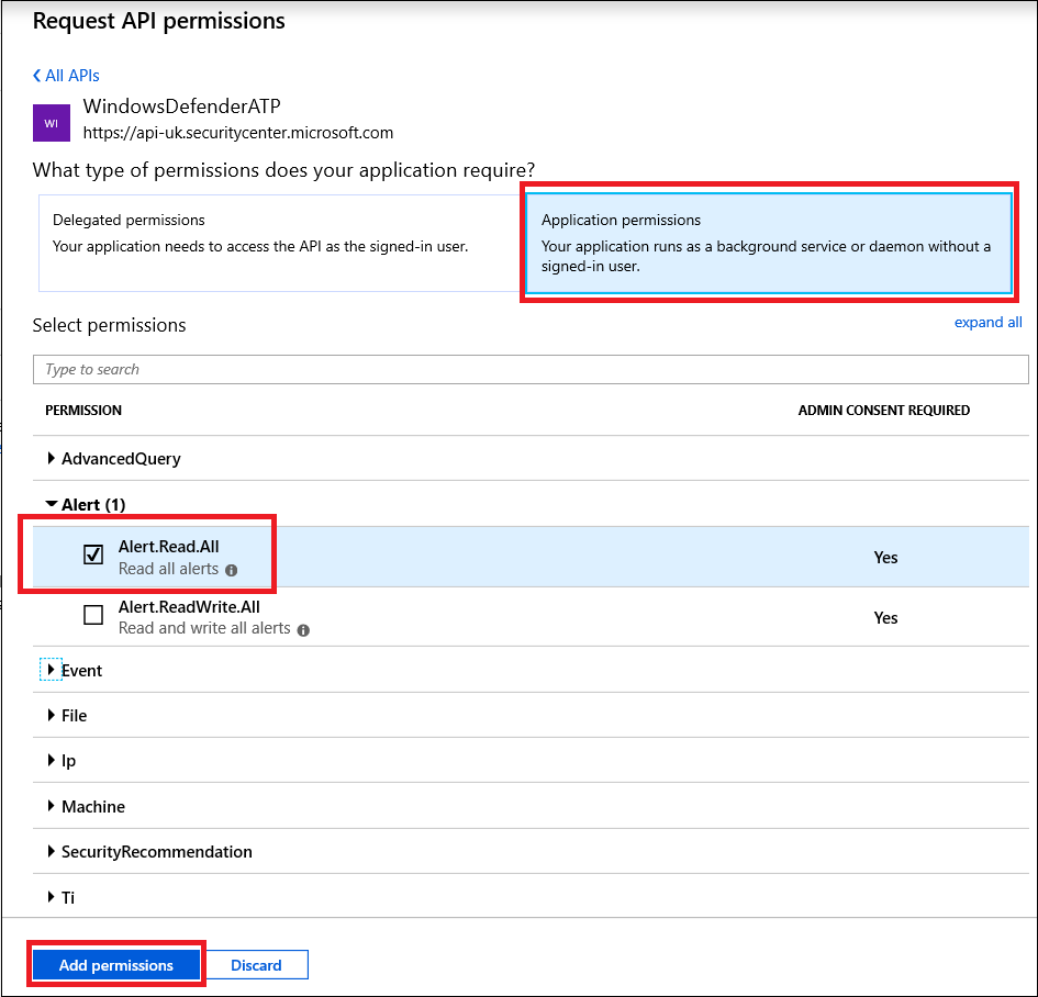 El tipo de permiso y los paneles de configuración de la página Solicitar permisos de API