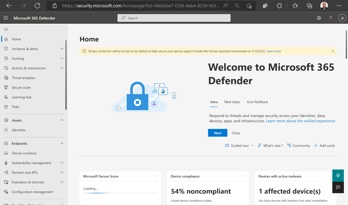 Screenshot showing yellow banner highlighting built in protection in Microsoft Defender portal.