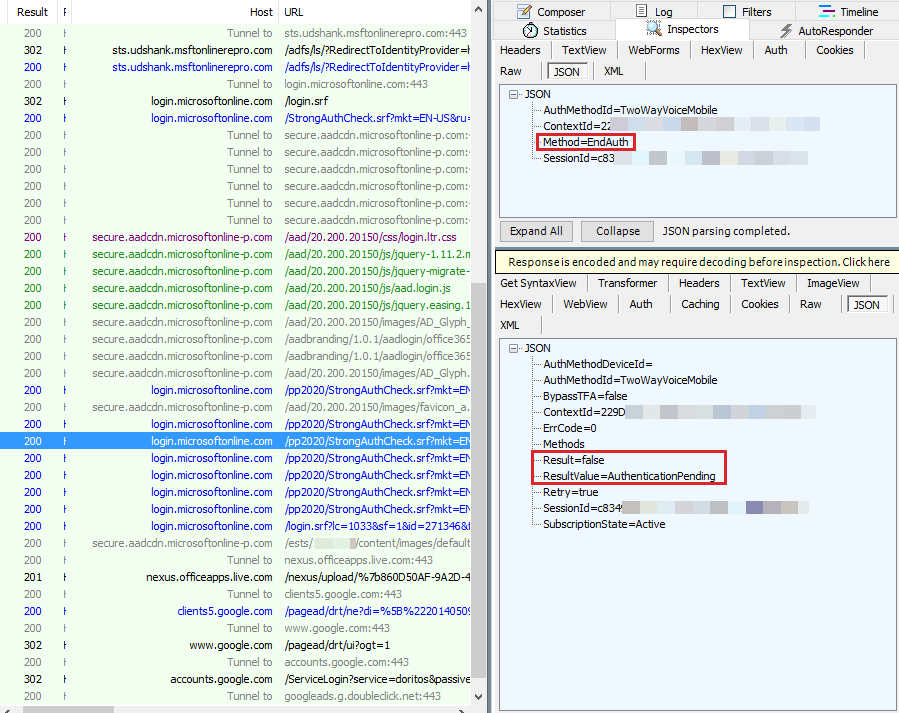 Captura de pantalla que muestra que ResultValue está establecido en AuthenticationPending.