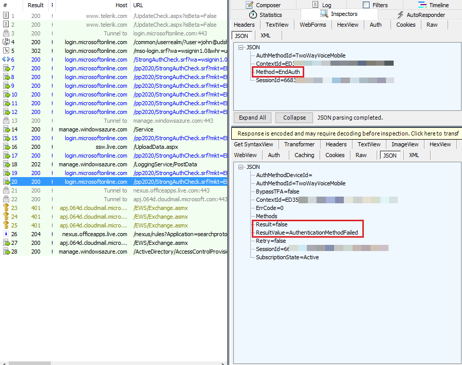 Captura de pantalla que muestra que ResultValue está establecido en AuthenticationMethodFailed.