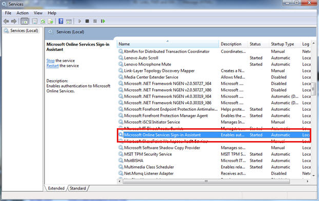 Captura de pantalla para seleccionar el Asistente para inicio de sesión de Microsoft Online Services en la ventana Servicios.