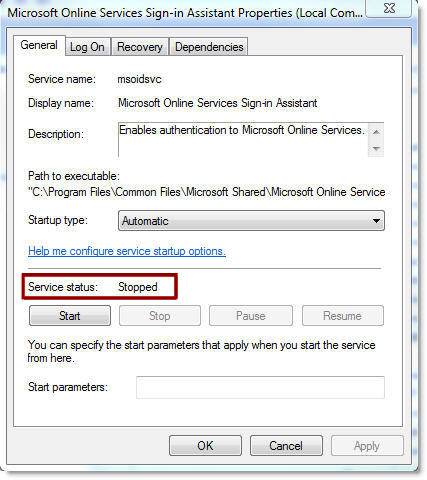 Captura de pantalla de la ventana de propiedades del Asistente de inicio de sesión de Online Services, en la que se muestra el estado del servicio iniciado.