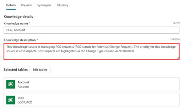 Captura de pantalla de la pestaña Detalles para una fuente de conocimiento, que muestra el nombre del conocimiento, la descripción y las tablas seleccionadas.