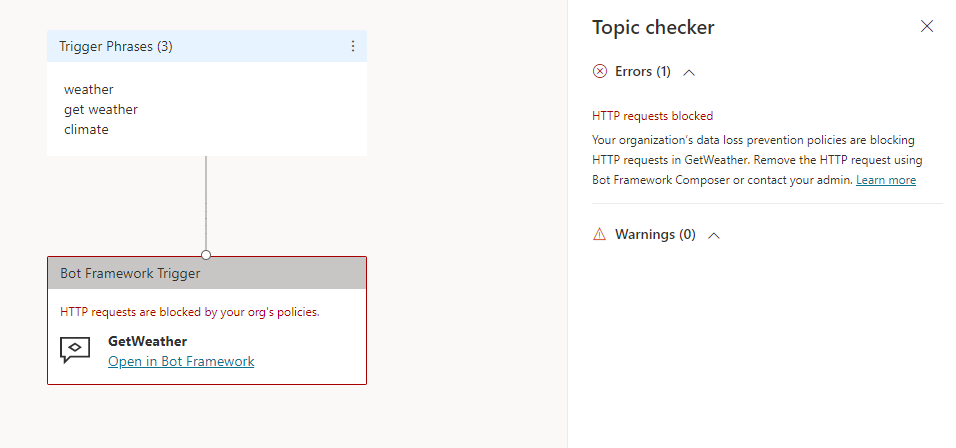Screenshot del panel Comprobador de temas de Copilot Studio con un mensaje de error que indica que las solicitudes HTTP están bloqueadas.