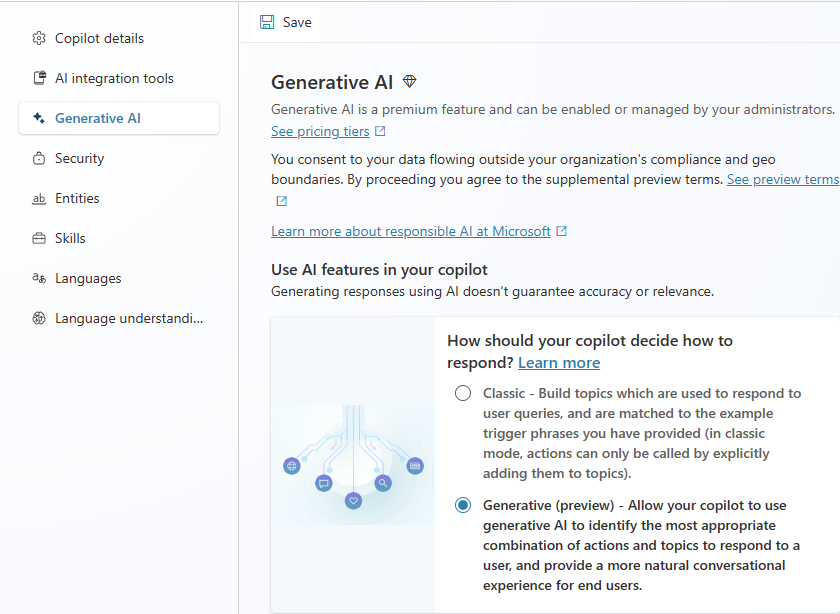 Captura de pantalla de la página de IA Generativa con las acciones generativas habilitadas.