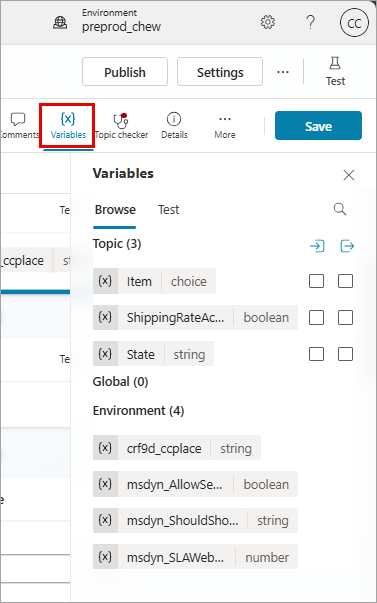 Captura de pantalla del panel Variables en el lienzo de creación de Copilot Studio, con el botón Variables resaltado.