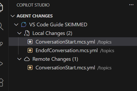 Captura de pantalla de los cambios locales y remotos de previsualización.