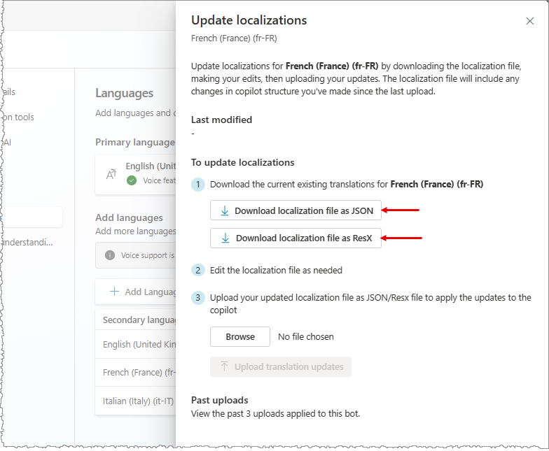 Pantalla que muestra el panel para descargar y cargar archivos de localización.