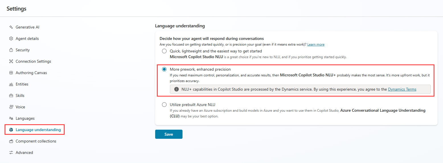 Captura de pantalla de la configuración de un agente, en la que se resalta la configuración de reconocimiento del lenguaje y la opción 